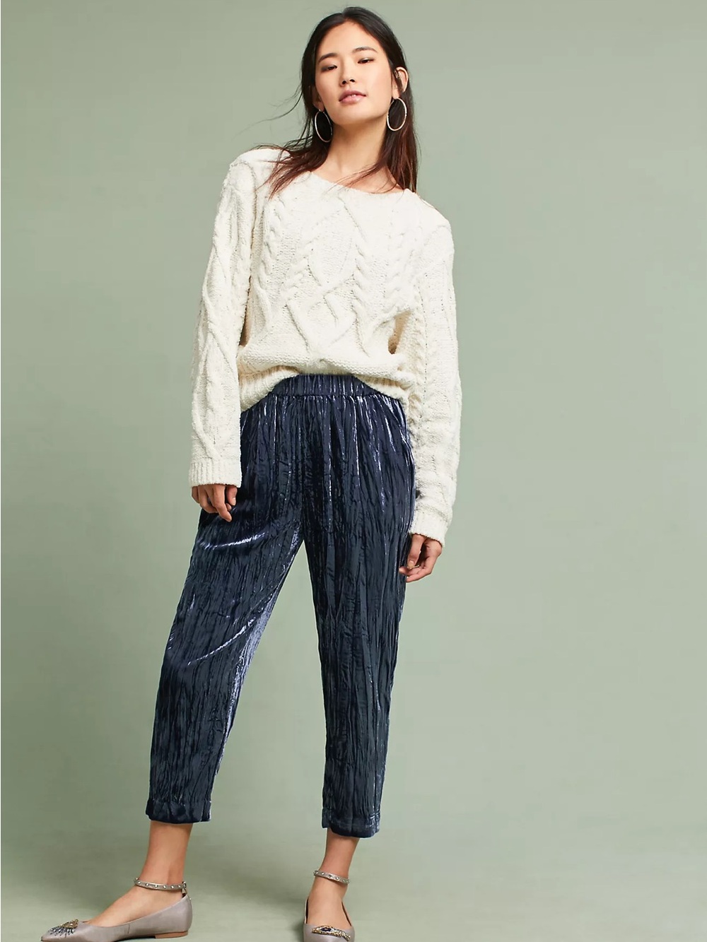 ett:twa by Anthropologie Crushed Velvet Jogger Pants Navy Blue Small
